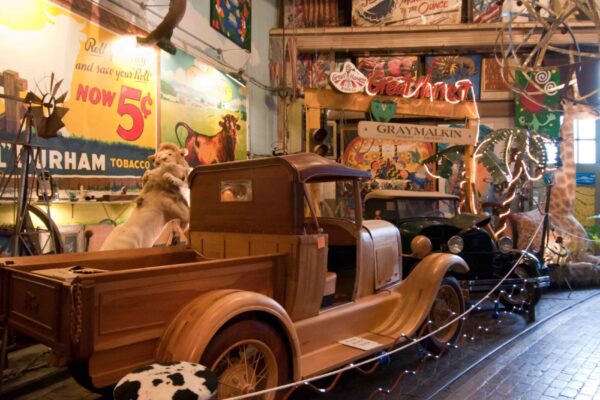 An old fashioned truck roped off under a stuffed elephant head next to memorabilia from classical safari trips at ARTISANworks in Rochester, NY